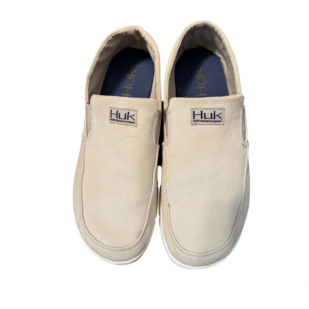 Huk Brewster Mens Beige Canvas Slip On Fishing Deck Shoes H8012000250 Size 10